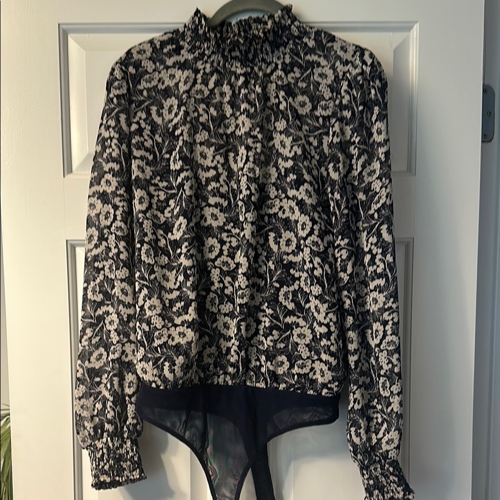 Socialite Navy and cream Ruffled Bodysuit with Collar
